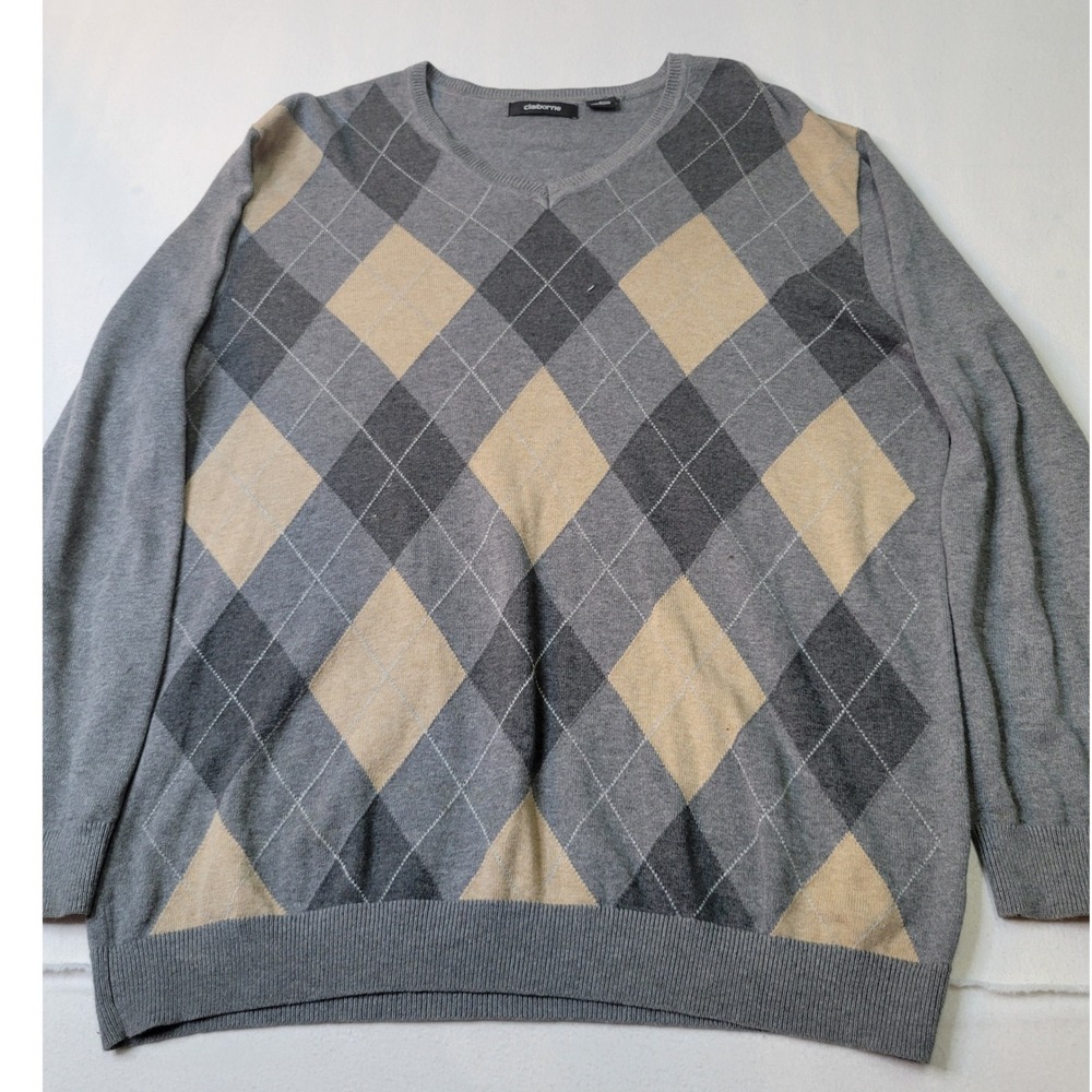 Claiborne Mens Argyle V-Neck Sweater Grey Tan 100% Cotton Size L 2902